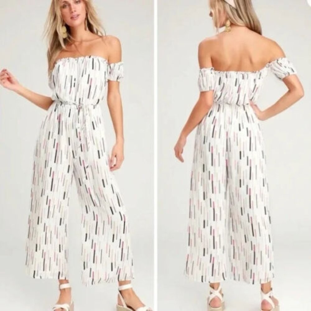 NEW! Lulus Crop Jumpsuit Size S Womans True Radiance Off the Shoulder Wide Leg